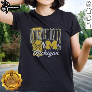 Premium Michigan Wolverines Basketball graphic ladies tee featuring vibrant team colors and logo for stylish fans.