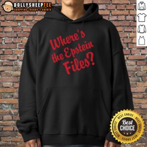 Official Where's The Epstein Files red text hoodie featuring bold lettering on a stylish design for casual wear.