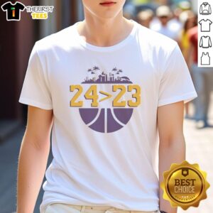 Alt Text: Top Kobe Bryant Los Angeles Lakers NBA 24 over 23 T-Shirt featuring iconic jersey design and vibrant colors.