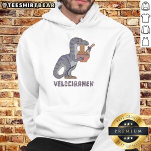 Awesome Velociramen Hoodie featuring a vibrant dinosaur design, perfect for fans of unique and stylish apparel.