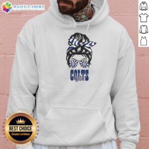 Awesome Indianapolis Colts girl in a messy bun wearing glasses and a hoodie, showcasing team spirit and style.