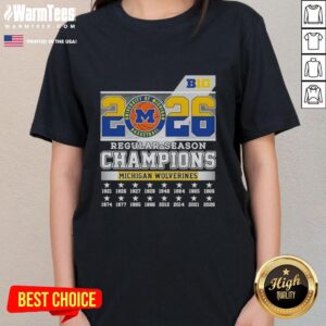 Alt Text: Official 2026 Big Ten Regular Season Champions Michigan Wolverines ladies tee, featuring team colors and logo.