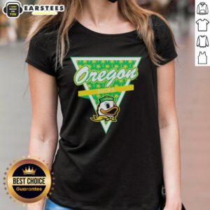 Oregon Ducks football ladies tee featuring a palm tree pattern inside a triangle logo for stylish game day wear.