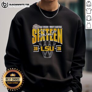 LSU Tigers March Madness Sweet 16 NCAA Women's Basketball Tournament sweatshirt featuring vibrant team colors and logo.