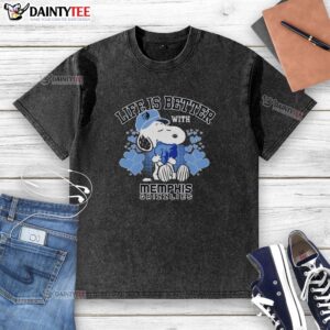 Snoopy holding Memphis Grizzlies logo on a washed t-shirt, showcasing 'Life is Better with Memphis Grizzlies' design.