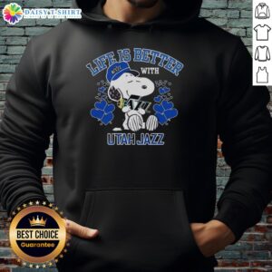 Snoopy wearing a Utah Jazz hoodie, holding the Warriors logo, with the phrase Life is Better with Utah Jazz visible.