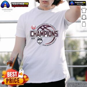 UConn Huskies 2026 Big East Women's Basketball Tournament Champions T-Shirt showcasing team pride and vibrant design.