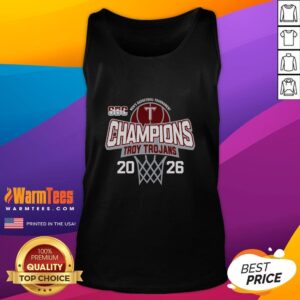 Alt Text: Premium Troy University Trojans Blue 84 tank top celebrating 2026 Sun Belt Men's Basketball Tournament champions.