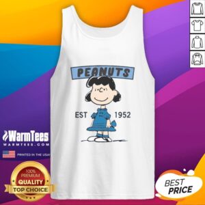 Adorable Lucy from Peanuts smiling on a vintage tank top, established 1952, perfect for fans of classic cartoons.