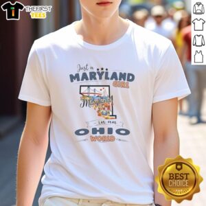 Alt Text: Pretty Maryland girl in an Ohio world state map outline t-shirt, showcasing state pride and style.