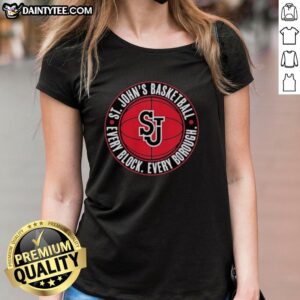 Alt Text: Awesome St. Johns Basketball Ladies Tee featuring every borough design, perfect for fans and sports enthusiasts.