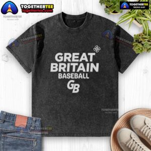 Alt Text: Awesome Great Britain National Baseball Team logo on a washed t-shirt, perfect for fans and casual wear.