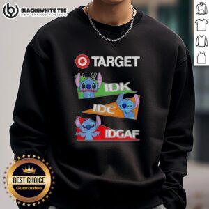Alt Text: Top Stitch X Target sweatshirt featuring 'I Don't Know, I Don't Care, IDGAF' graphic design in stylish casual wear.