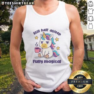 Adorable unicorn in a tank top holding a coffee mug, looking half asleep yet fully magical.
