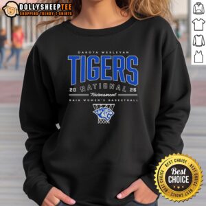 Nice Naia Women's Basketball Dakota Wesleyan Tigers National 2026 Tournament Sweatshirt in navy blue.