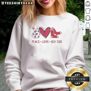 Alt Text: Boston Red Sox sweatshirt featuring a heart-shaped hand sign and logo, promoting peace and love for the team.
