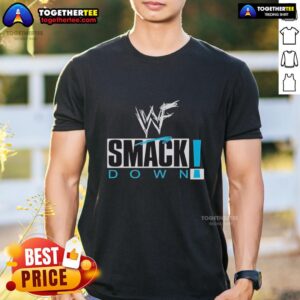 Alt Text: Pretty WWF Smackdown professional wrestling logo t-shirt featuring bold graphics and vibrant colors.