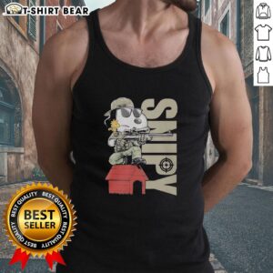 Snoopy and Woodstock sitting on a doghouse wearing a tank top featuring the classic cartoon characters.