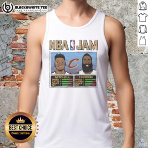 Good NBA Jam Cavs tank top featuring Mitchell and Harden, perfect for fans of basketball and retro gaming apparel.