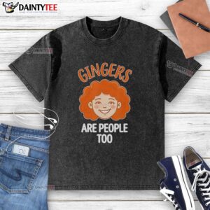 Funny redhead pride washed t-shirt featuring the phrase Good Gingers Are People Too in vibrant colors.