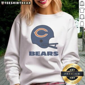 Alt Text: Awesome Chicago Bears football logo displayed on a big helmet sweatshirt, perfect for fans of the team.