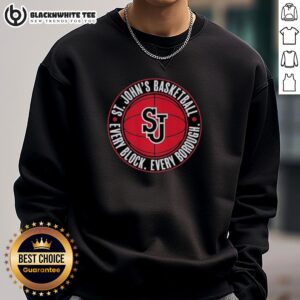 Alt Text: Nice St. Johns Basketball sweatshirt featuring 'Every Block, Every Borough' design in vibrant colors.