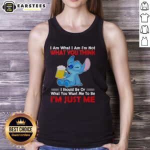 Awesome Stitch holding a beer mug on a tank top with 'I am what I am, I'm not what you think I should be' design.