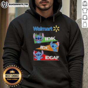 Top Stitch X Walmart hoodie featuring 'Idk I Don't Know Idc I Don't Care Idgaf' text design, perfect for casual wear.