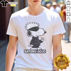 Alt Text: Pretty Snoopy Satoru Gojo T-Shirt featuring a playful design of Snoopy with Satoru Gojo from Jujutsu Kaisen.