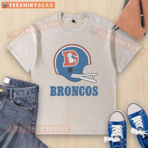 Alt Text: Awesome Denver Broncos football logo on a big helmet design featured on a washed t-shirt for fans.