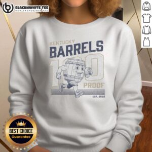 Good 100 Proof Retro Mascot sweatshirt featuring Kentucky barrels design, perfect for bourbon lovers and vintage fashion fans.