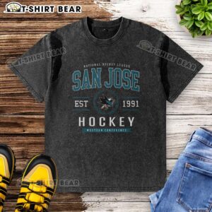 Hot San Jose Sharks Hockey Legacy Crest Washed T-Shirt featuring a vintage design and team colors for fans.