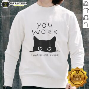 Premium black cat sweatshirt featuring the phrase 'You Work, I Watch and Judge' in stylish font, perfect for cat lovers.
