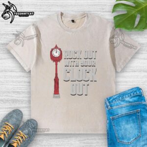 Alt Text: Original Rock Out With Your Clock Out washed t-shirt featuring a vintage design and soft fabric, perfect for casual wear.