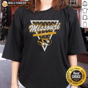 Hot Missouri Tigers football ladies tee featuring a palm tree pattern inside a triangle logo for stylish fans.