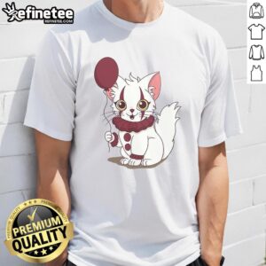 Official Pawnywise Pennywise Cat T-Shirt featuring a playful cat in a clown costume, perfect for horror and cat lovers.