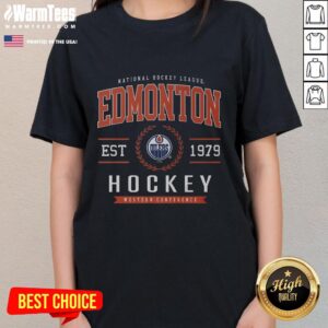 Official Edmonton Oilers Hockey Legacy Crest ladies tee featuring team colors and logo, perfect for female fans.