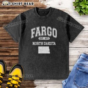Varsity washed t-shirt featuring 'Nice Fargo North Dakota Est 1871' design, perfect for casual wear enthusiasts.