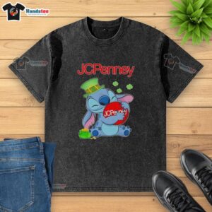 Cute Stitch hugging JCPenney logo on a St. Patrick's Day washed t-shirt, perfect for festive celebrations.