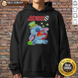 Alt Text: St. Patrick's Day hoodie featuring Top Stitch Hug Advance Auto Parts logo in festive green design.