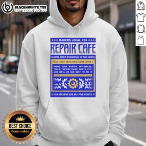 Awesome Repair Cafe Makers Local 256 hoodie featuring a vibrant design promoting sustainability and community repair initiatives.