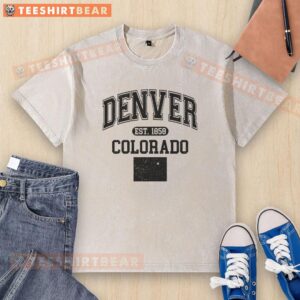 Official Denver Colorado Est 1858 Varsity Washed T-Shirt featuring a stylish design, perfect for local pride and casual wear.