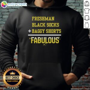 Alt Text: Freshman wearing black socks, baggy shorts, and a fabulous hoodie, showcasing trendy streetwear style.