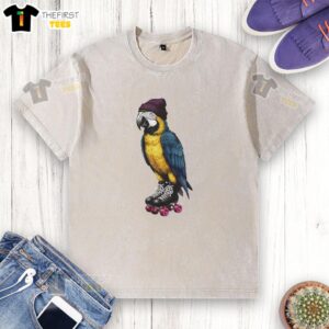 Premium roller skating parrot graphic on a washed t-shirt, perfect for casual wear and vibrant, fun fashion.