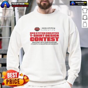 Alt Text: Funny red stitch creative t-shirt design contest sweatshirt showcasing a playful graphic and vibrant colors.