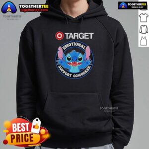 Official Happy Stitch Target Emotional Support Coworker Hoodie in cozy fabric, perfect for work or relaxing at home.