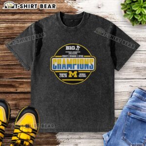 Pretty Michigan Wolverines Women's Swimming and Diving Big Ten Champions 2026 washed t-shirt displayed on a hanger.