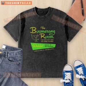 Vintage logo of The Boomerang Room and Dobbs Drive-In San Francisco on a washed t-shirt, showcasing retro restaurant style.