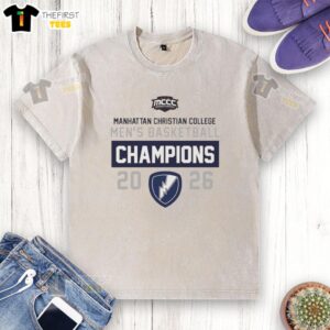 Top Manhattan Christian College Men's Basketball Champions 2026 washed t-shirt featuring team logo and vibrant colors.