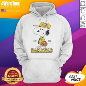 Cute Snoopy wearing Savannah Bananas outfit hoodie, established 2016, in bright colors and fun design.